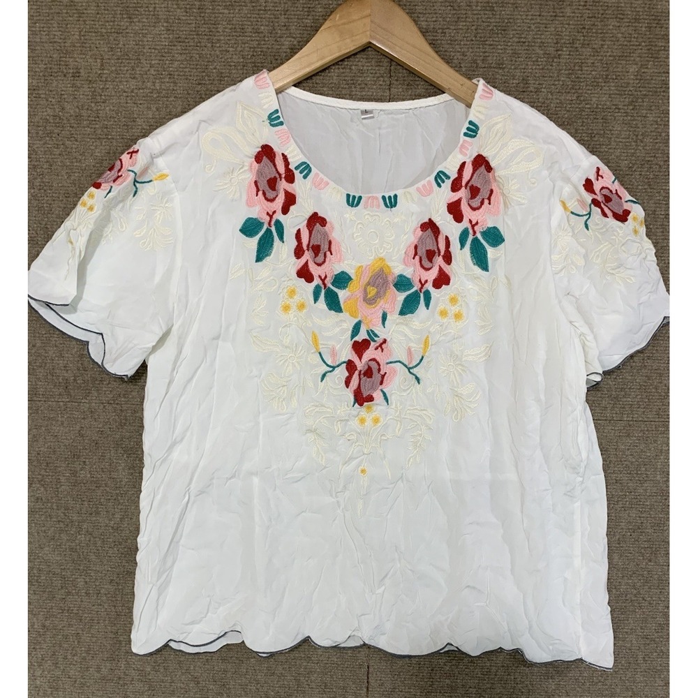 Women's Artsy Embroidered Gauze Boho Peasant Top Large Babydoll Tunic Festival